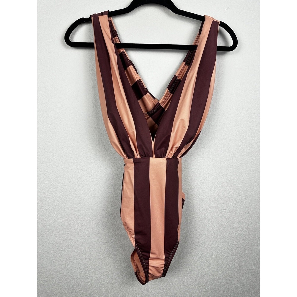 Swim‎ RX One Piece Swimsuit Small Striped Maroon Pink Criss Cross